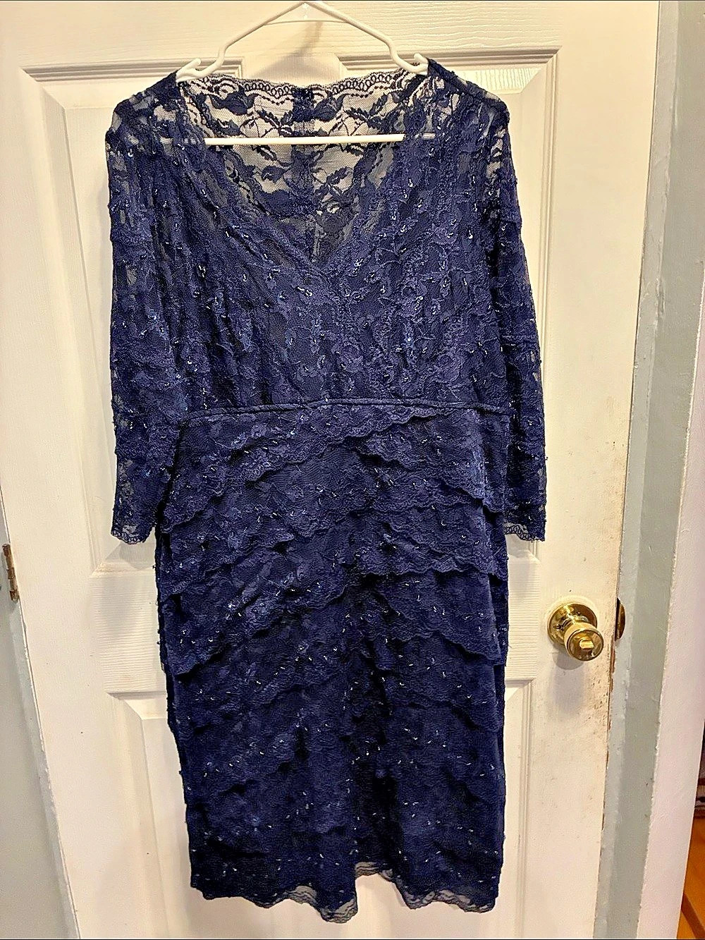MARINA  Women's navy blue vintage Lace Sequin Midi Dress